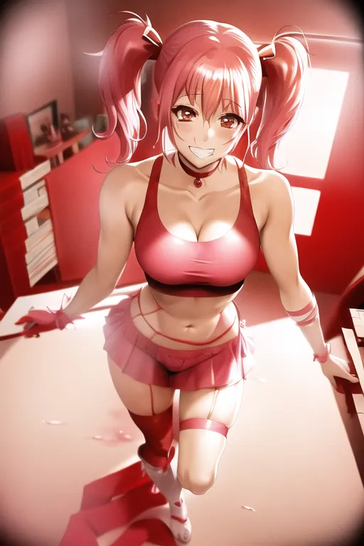 Madoka Kaname, pink hair, red ribbons, dpmg_face_cum_v1, pigtails, choker, short hair, twin tails, red bikini, beautiful face, gentle smile