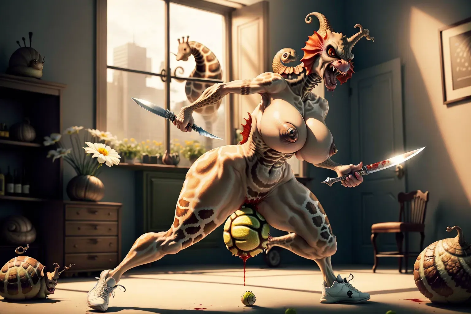 (angry Snail with knife and titties chasing a midget), tennis ball, shoe, chair, flower, knife, ass, blood, door, window, titties. Scared giraffe