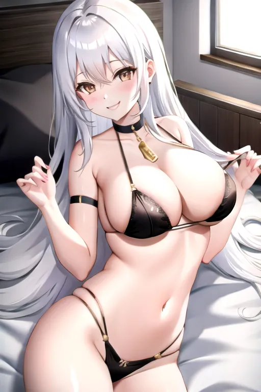 long hair, pale skin, white hair, brown eyes, black choker, giant H-cup breasts, wavy hair, lying on bed, naked, smiling