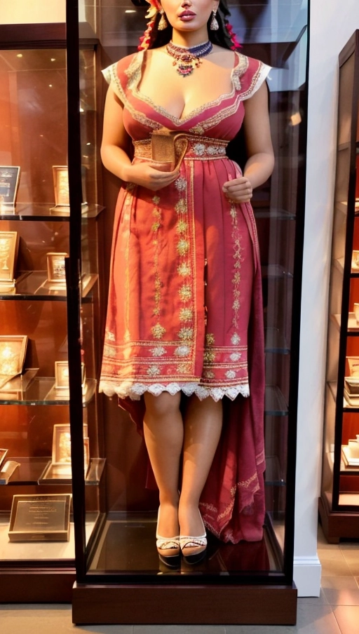 The woman was frozen in time like a living mannequin. She wore traditional Guatemalan clothing that accentuated her large natural breasts and wide hips, along with a pair of high heels. The woman is Latin American. She is inside a glass display case exposed for sale. The setting is in a white-walled room evenly lit by white lighting. Despite being overweight, she still looks attractive. The image should showcase the womans ample figure within the glass display case. Her facial expression should be neutral, with eyes fixed on the camera but without any emotions. (((full body view, full body photo)))), ((full body view)), ((breasts large natural)), ((overweight)), (((hyperrealistic))),
Masterpiece,
perfect edges,
ultra realistic,
perfect anatomy,
realistic skin texture