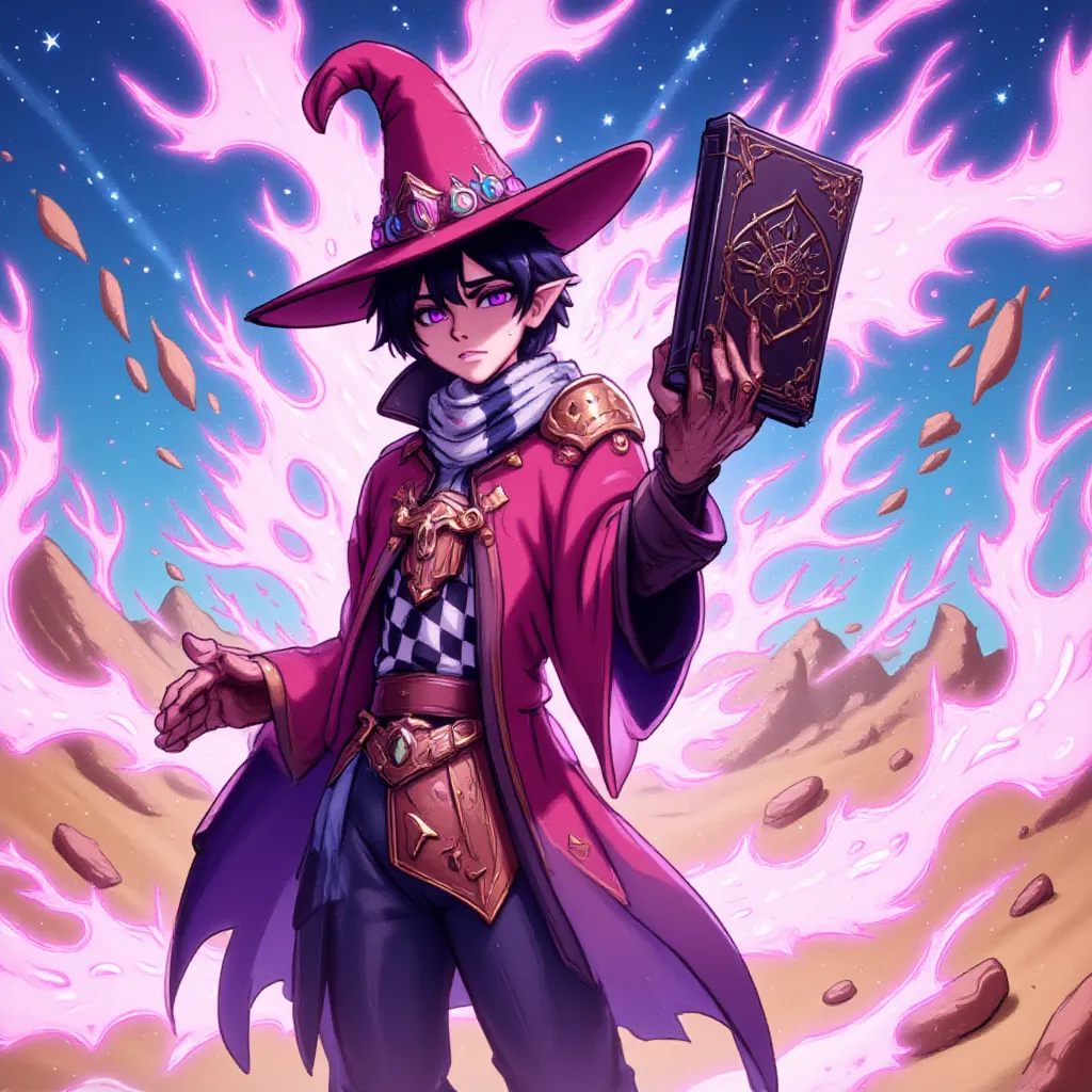 , solo, male , spaceman cowboy, powdered white makeup skin tone, starry eyes, stars in his eyes, space eyes cosmos, holding detailed laser revolver ,wearing wizard clothing, apprentice wizard , starlord, marvel, spike, cowboy bebop, young bounty hunter, black hair , black colored short length curly hairstyle , star emblem , half alien, big wizard hat, blade runner , battle mage, agent of magic, bag full of potions, potions on belt , herbalist, mage, 1 male only, wizard jacket on, discovering the mystery of magic, magic in left hand, tome in right hand , short elf ears, black short handsome curly hair, alien antenna on head, fully clothed , half shadow, half light, posh, , well groomed, weaver of dark and light energy power, wizard jacket, loops rings ears , white powdered alien ,confused cute look in eyes, solo, holding tome , black and white checkered scarf around neck, humanoid, cute look in eyes, masterpiece , antenna alien , final fantasy art style ,cute look in eyes, masterpiece , background in desert wasteland, anime art style