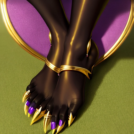 high definition close up of cute young ebony womans feet, flourecent green with gold and purple jewelry, silver and gold toenails, wings attached to sides of each foot, with long claws fro toe nails
