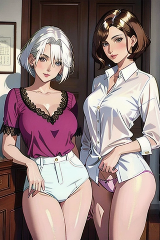 Colour painting of of Penny a ((Pretty short-haired (((brunette))) girl))) and her grandmother Agatha an (((attractive (white-haired) older woman))), standing in her office, wearing ((blouse and panties)), ((bare thighs)), smooth skin, sexy butts, fine beautiful bodies, (detailed skin features),(detailed face features), beautiful face, (detailed body features), beautiful eyes,