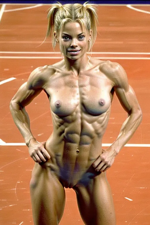 A very fit 20 year old fully naked Jaime Pressly, look of pleasure on her face, pushing her abs out, very low body fat, extremely lean body, perfect body, showing her vagina, standing naked on a basketball court during a NBA game in 1998, fully nude, spreading her legs, perfectly shaped breast, blonde hair, spreading her legs wide open, hair bun