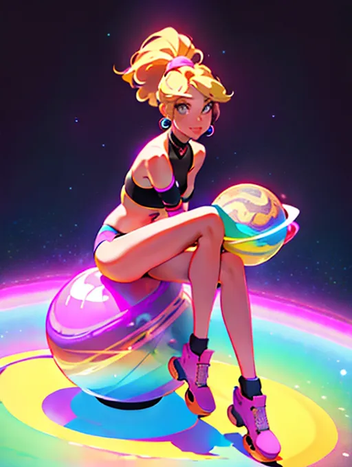 (8k), 4k image, ((masterpiece)), (HD photo), best quality, 1girl, unreal engine, (woman sitting on top of planet saturn), sitting on large colorful planet, wearing a bikini, wearing roller skates, kawaii, black and bright vivid colors, outer space background, stars in background, blonde ponytail, perfect curves, cute pose, clear photo, perfect details, perfect face,