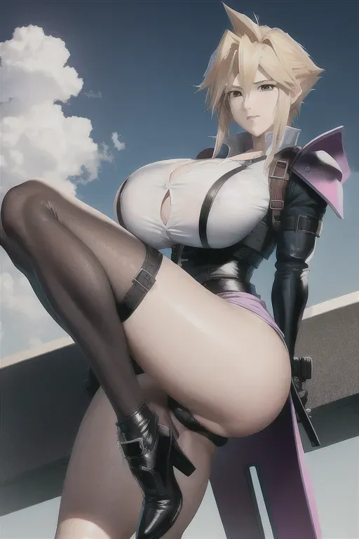 Cloud strife, gender bender, huge breasts, legs spread