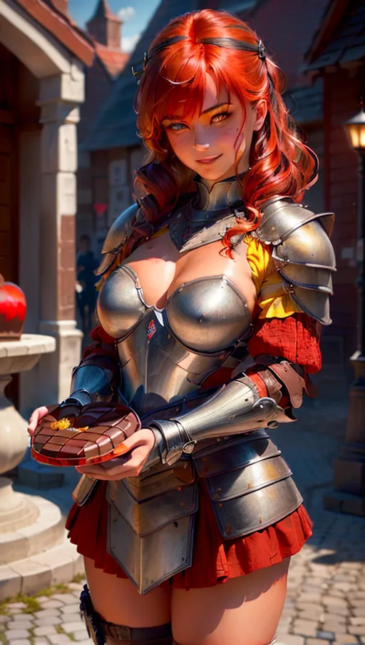 A digital photograph, professional photograph of, fantasy, a beautiful woman is blushing while she is (offering a ((huge heart shaped chocolate box)) to the viewer), <lora:red_tint_face:1.2>, (strong athletic warrior wearing her ((plate armor)) and (long armor skirt)), (shy smile:1.4), (red hair with ((yellow highlights))), (( scar across an eyelash)) and (scar on a cheek), ((bruises on chest)), beautiful lips, (beautiful face), highly detailed, ((beautiful small breast)), (((close-up face:1.2))), crowded square in a fantasy town with a huge fountain, (cinematic lighting), ((cinematic composition)), 32k, HDR, (highest quality:1.8), highest resolution, (photorealist:1.72), (photorealism:1.72), (masterpiece:1.18), --s 750 --v 5.2