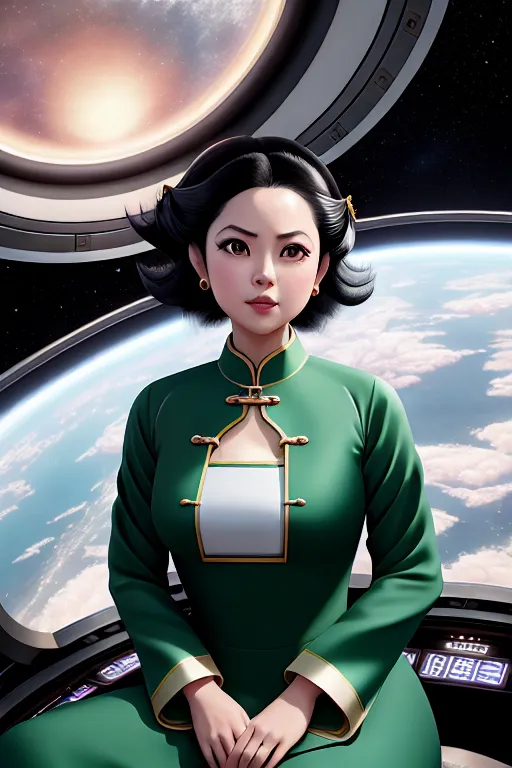 a digital painting of,nezuko kamado,wearing ao dai,sitting,in the space station,natural breasts,five slender fingers,short thick hair,beautiful face,beautiful lips,green eyes,curved eyebrows,curved eyelid,textured skin,joyful,tattoo,unreal engine,surreal,bokeh,highly detailed,artstation