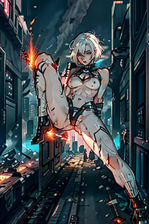 a digital painting of lucyna kushinada from cyberpunk dual wielding large pistols in a gunfight with torn clothes. shredded clothes. black singlet. sleeveless. armless. (ripped clothing:1.2). wounds. scrapes. (scratches:1.2). <lora:dpmg_black_see_through:1>. cityscape. action scene. combat. tracers. action. <lora:dpmg_scifi:0.6>. athletic. natural breasts. small tits. saggy tits. 20. blue eyes. (white hair:1.2). bangs. short hair. bob haircut. angled bob haircut. five fingers per hand. beautiful face. pretty face. small mouth. thin lips. curved eyebrows. editorial. pixiv. 8k. ultra realistic. masterpiece. (german:0.4). (korean:1). (japanese:0.6). lucy from cyberpunk. (cyborg:0.2). (cyberpunk:0.8). (robot skin:1). (nude:0.8). nsfw. (robot body:0.6). pink eyeliner. skinny. (muscular:0.2). crotchless. vagina. realistic pussy. (mechanical:0.8). sweaty. cyberskin. bottomless. white eyebrows. exposed arms. exposed legs. explosions. fire. injured. (fighting:1.2). firefight. (wounded:1.2). action pose. gun. battle. intense