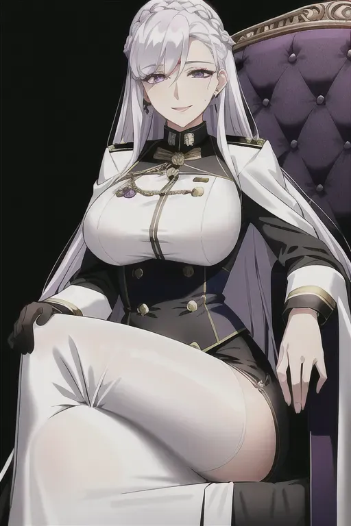mature woman, gorgeous woman, detail eyes, violet eyes, long white hair, medium breast, beautiful face, graceful, motherly side plait, beautiful eyes, smiling, female black military uniform, female black military long coat, sitting on luxury chair, great lighting, beautiful background, 4k, mole on face, detail mole, detail body