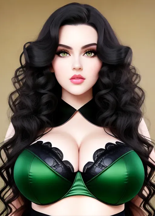 Gorgeous European babe, raven-haired beauty, black hair, curly hair, pale skin, photo gorgeous attractive face, green eyes, large full lips, huge gigantic boobs, (gigantic boobs), overflowing black bra, photorealistic, best quality, ultra high resolution