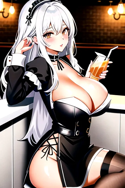 white hair, brown eyes, giant breasts, black maid uniform, miniskirt, choker, long hair, high heels, in bar, slim body, looking at viewer, 1 girl, cleavage, 4k, serving drink