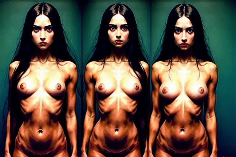 A surreal photo, hyper realistic face, thinspo, bdsm, bound, harem, large realistic eyes, wide hips, female, prominent hipbones, torso in frame, six pack, (thinspo),large breasts, bimbo, abs, busty, skinny, nude, long flowing hair, ((ab veins)) , wet skin, trypophobia, full head and torso in frame, in the style of beksinski