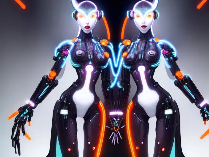 High Detail, Naked, futuristic cyborg Female, skinny, mechanical robotic parts all over in many different colors with dials lights and glowing screens, long multi-colored braids, luminescent white and orange skin, Legs Open showing large human vagina, solid dark background, bright side lighting with deep shadows and contrast, smooth feminine body, provocative pose, waif, thin toned body, small tiny breasts and nipples, open mouth with deep red lips