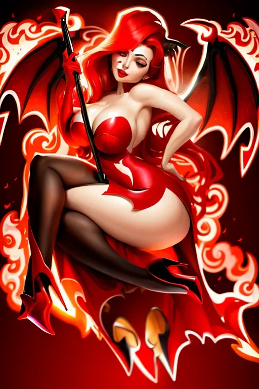 woman in red dress, devil wings, two high heels, fire, large breasts, sitting, hand resting on butt, flip head, sensual, seductive, pitchfork between legs, pretty face