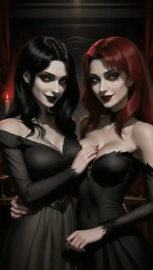 two figures in a dark and foggy goth club, an evil sexy sensual slightly taller dominant female black straight haired vampire woman with a wide toothy predatory smile, taking face of her victim in her hands gazing dominantly into her eyes hypnotizing innocent, light reddish-auburn gentle wavy hair, good girl mid-twenties Anna of Arendelle, relaxed, lips parted, eyes half closed in a modest soft green gown.