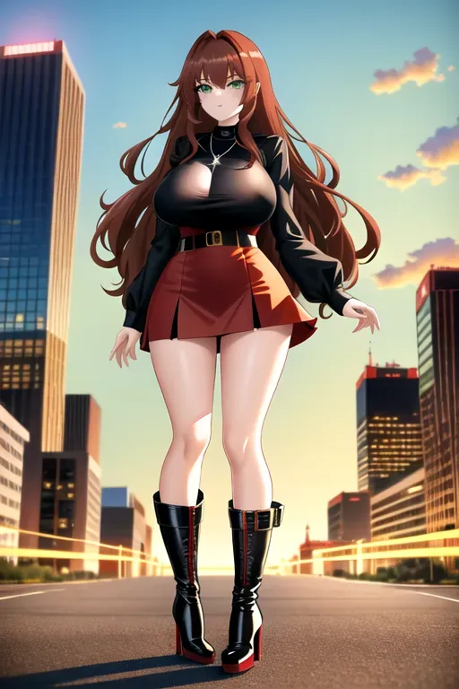 full body, chestnut hair, green eyes, short girl, red miniskirt, black high heel boots, looking at viewer, long hair, pale skin, black necklace, black blouse, 24 years old, giant breasts, cute face, pov, wavy hair, city environment, Oklahoma City