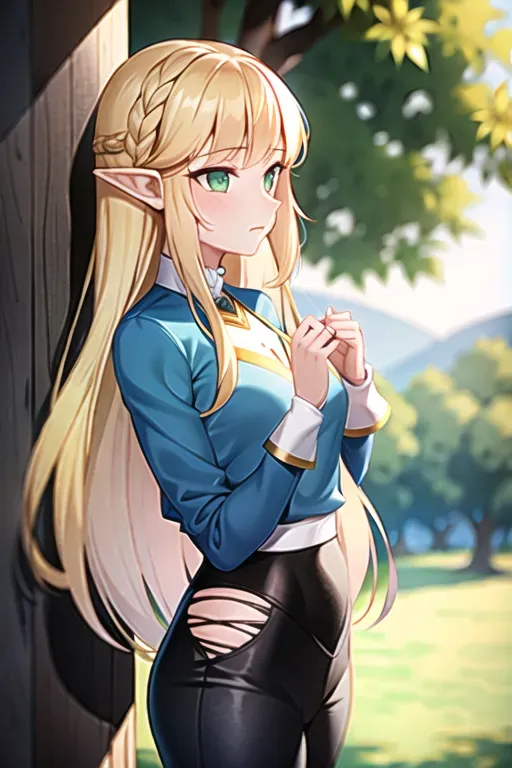 <lora:dpmg_princess_zelda:0.3>, 1girl, bangs, blonde hair, breasts, bridal gauntlets, closed mouth, expressionless, from side, green eyes, highres, jewelry, long hair, long sleeves, nintendo, outdoors, own hands together, pointy ears, ring, small breasts, solo, standing, the legend of zelda, tree, triforce print, upper body, blue shirt and black pants, torn clothes