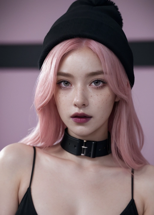 photo-realistic, 8k, accurate face, (((detailed face))),pink hair, freckles, black lipstick, wearing black beanie, collar, cute woman, 24 years old, small breasts, she is masturbating
she is extremely horny, heterochromia,
location is bedroom with purple lighting, movie posters on wall, messy bed,
perfect quality, uhd, masterpiece, masterwork, perfect lighting, professional photography, volumetric lighting, soft light, 8k resolution,