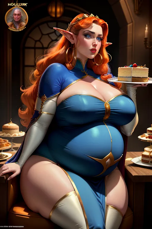 Highest quality, cinematic lighting, pulp comic book aesthetic, quirky, pulp horror aesthetic, colorful, dc comic style, howard chaykin style, colorful, masterpiece. female, elf, beautiful, huge pregnant belly, very obese, fat arms, huge, stout, short, big arms, long back, large woman, bright red long hair, orange loose opulent robe, blue eyes, gold hoop earrings, pale skin, long elf ears, round, round features, soft features, super massive breasts, fat chin, exposed breadts, super massive ass, eating cake in a whimsical fantasy castle, sitting on a throne