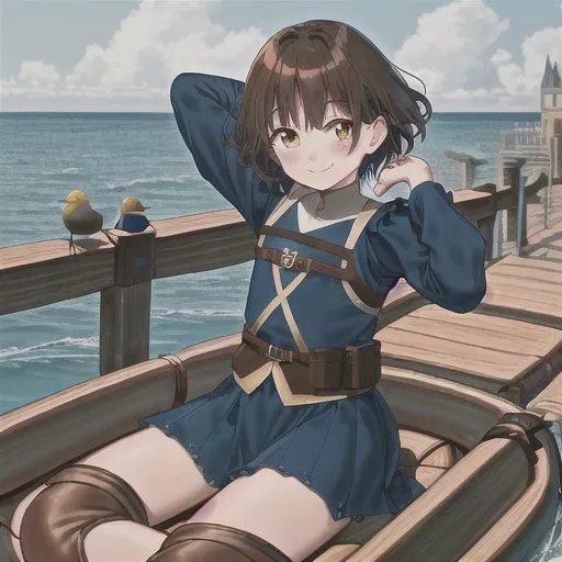 cute_guy, shy_man, blush_man, blush, anime_style, (smile), ((young_aduld)), pretty_face, (darkbrown_hair), short_hair, male, ((pretty_hands)), ((detailed_hands)), medieval_outfit, yellow_brown_eyes, (blue_outfit), adventurer_outfit, sitting_at_raft, (wooden_raft), boat, ocean, sea, sun, seagull, (arms_crossed_behind_head)