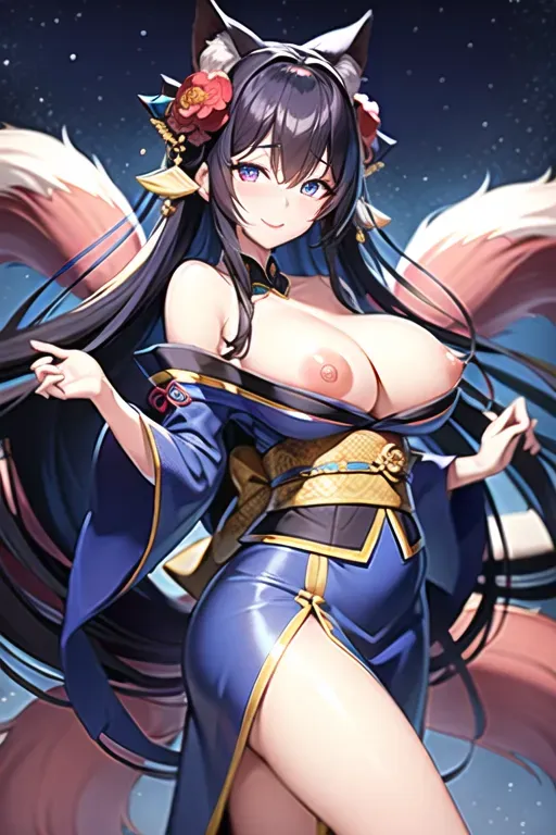 (masterpiece), (high quality), (8k), (sagisawa fumika), nine-tail fox, insanely beautiful, black hair, very long hair, sidelocks, (blue eyes), (highly detailed eyes), big breast, five slender fingers, (bare shoulders), kimono, black, no panties, (sexy pose), (seductive smile)