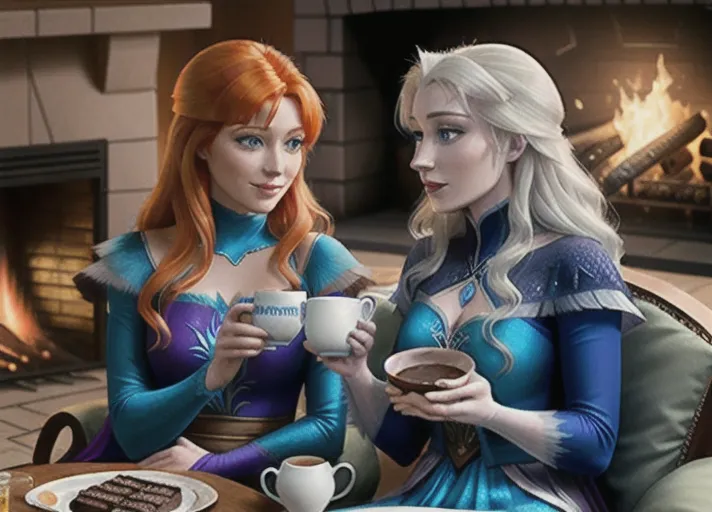 Beautiful sapphire eyed auburn haired Queen Anna of Arendelle in green enjoying a cheery light-hearted conversation with her platinum haired sister, Elsa in blue, enjoying a large mug of hot chocolate with mini marshmallows and a tray of brownies sitting by the fireplace.
