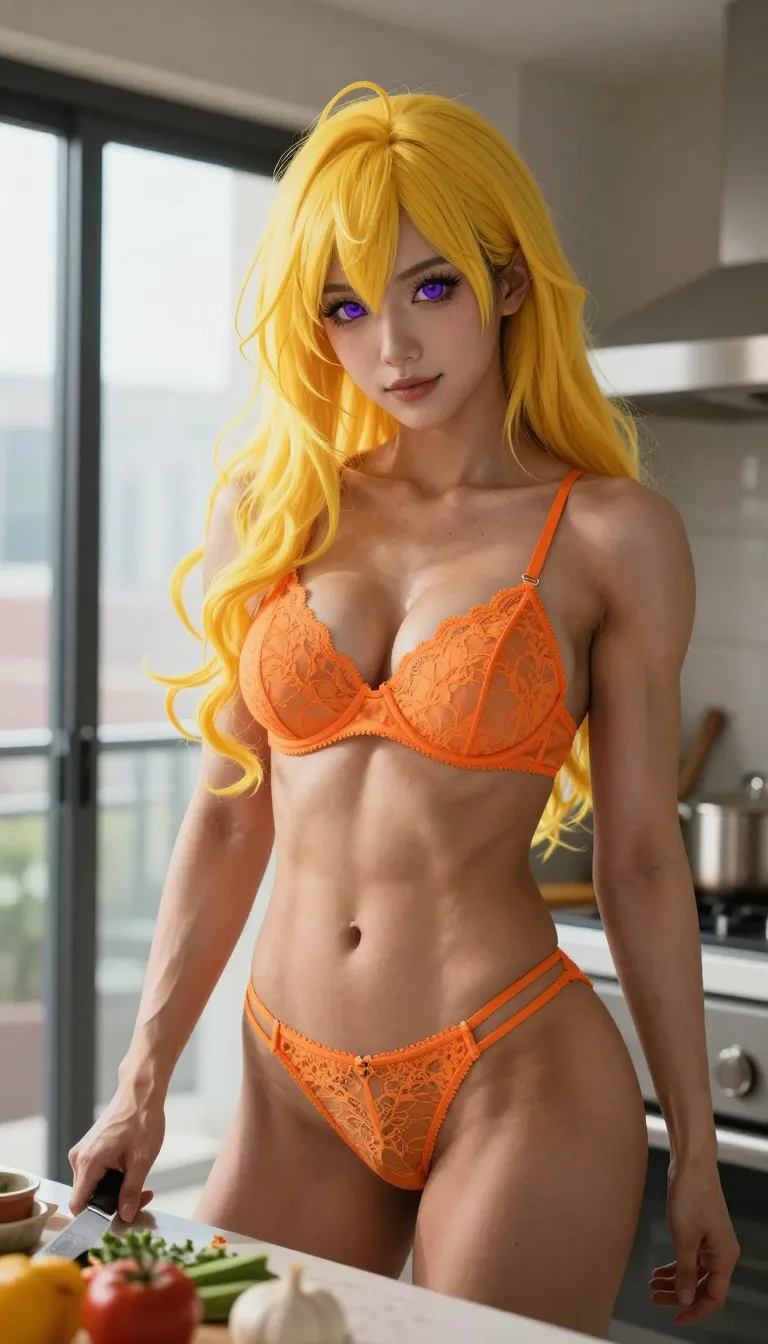 hyperrealistic semi-real, (anime-like portrait), naked muscular woman in orange lace lingerie preparing food in kitchen, soft natural light, dynamic composition with rich colours with cityscape through large glass doors,
(Thick and muscular with muscle definition and abs), stray hairs, (realistic long wavy yellow hair with ahoge and hair between eyes), (large purple anime-like eyes looking at viewer), (cute american-asian round face with arrogant expression smiling softly showing teeth:1.07),
(Physically based photon-mapping, hyperrealistic render)