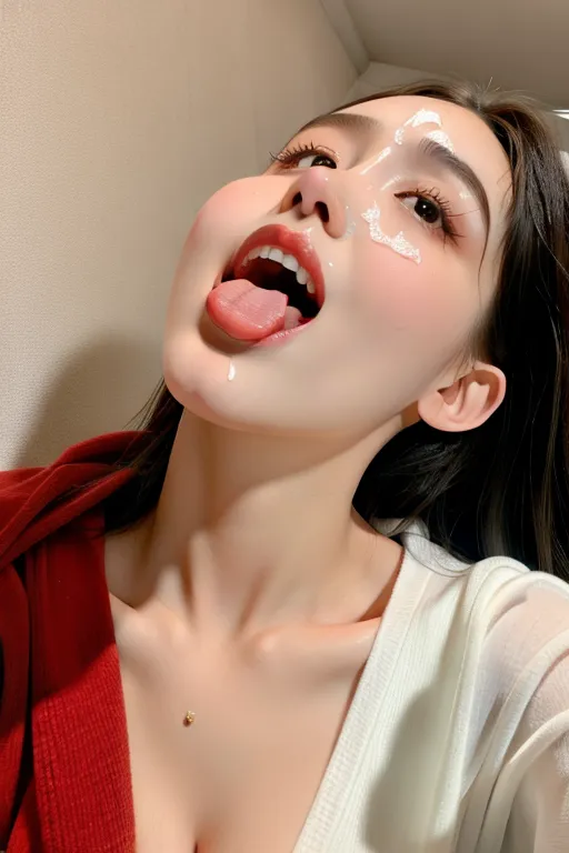dpmg_awaitingtongue_v1, best quality, 1girl, nsfw, oral, elizabeth olsen, flushing, Orgasm, O-Face, pov, looking up, large natural breasts, dpmg_face_cum_v1, eye contact, sharp focus, cum, cum in mouth, view from above