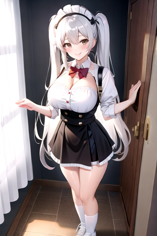 8k quality, brown eyes, pale white skin, white hair, giant breasts, cleavage, looking at viewer, pov, long hair, wavy hair, standing in bedroom, maid uniform, roller skates, miniskirt, pigtails, full body photo, smiling