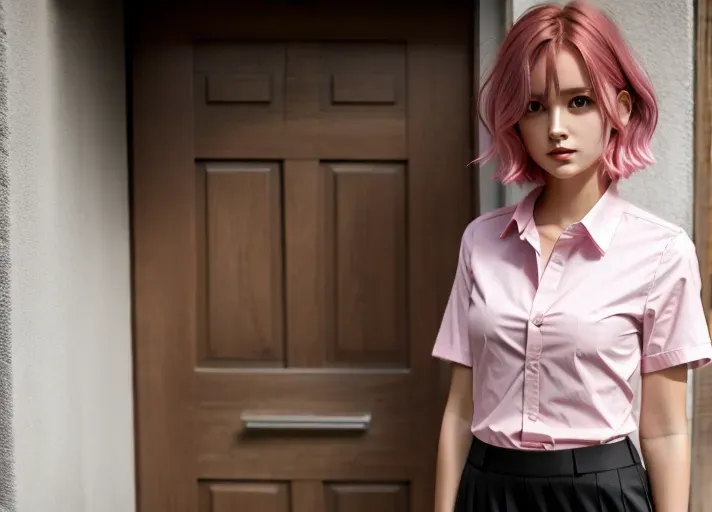 <lora:dpmg_euro_american:.55>,
Pink hair, short hair, messy hair, school uniform, unbuttoned blouse, <lora:dpmg_shirt_pull:1>, <lora:dpmg_skirt_tug:1>