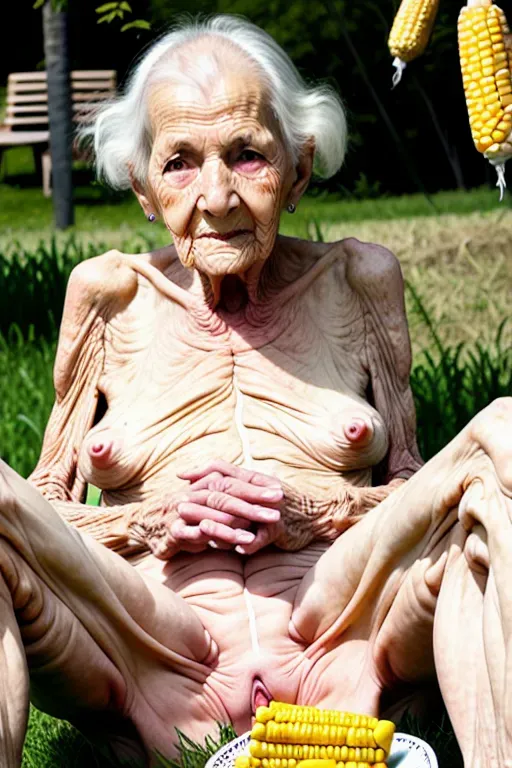 (great grandmother),(90 years old),(naked),(wrinkled skin),(very skinny), sitting at picnic table, spreading legs, showing pussy , (tan lines), lawn mower, yard,(corn cob in pussy)