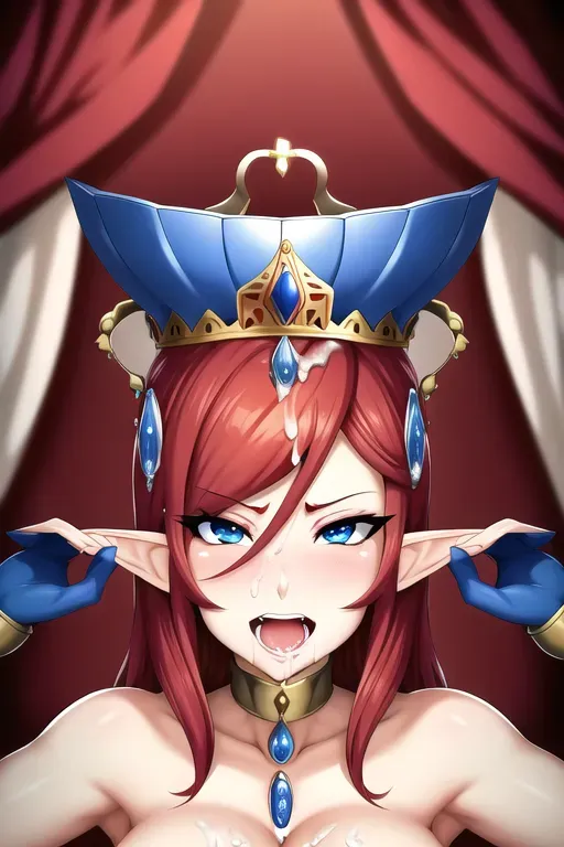 dpmg_face_cum_v1, Close up, face, elf queen, milf, blue eyes, slave, naked, very short red hair, crown, furious expression, bound hands, cum on face, cum facial, thick cum, dungeon background, 8k, detailed