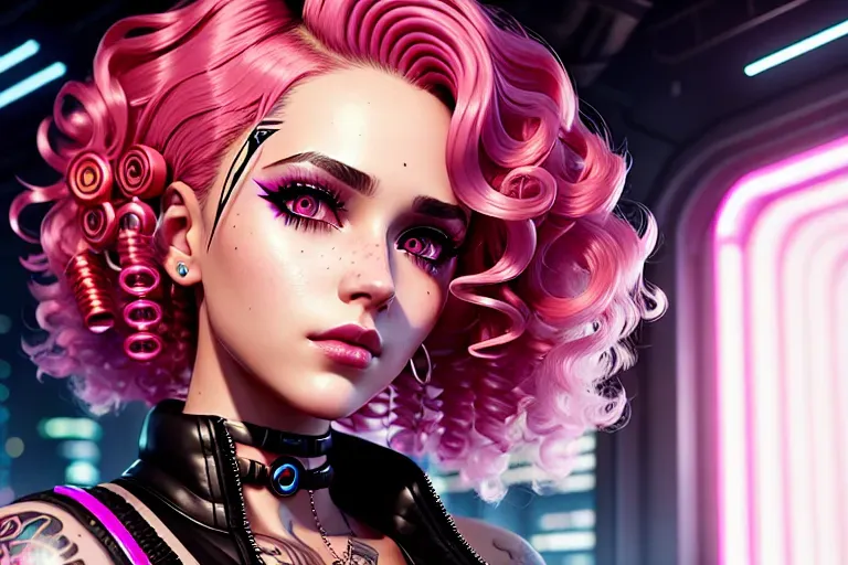 a digital painting of,a cyberpunk girl,wearing pretty clothes,five slender fingers,curly hair,gorgeous face,beautiful lips,detailed large eyes,curved eyebrows,curved eyelid,textured skin,pink hair,curly hair,face,tattoo,8k,bokeh,cgsociety,artstation,pixiv