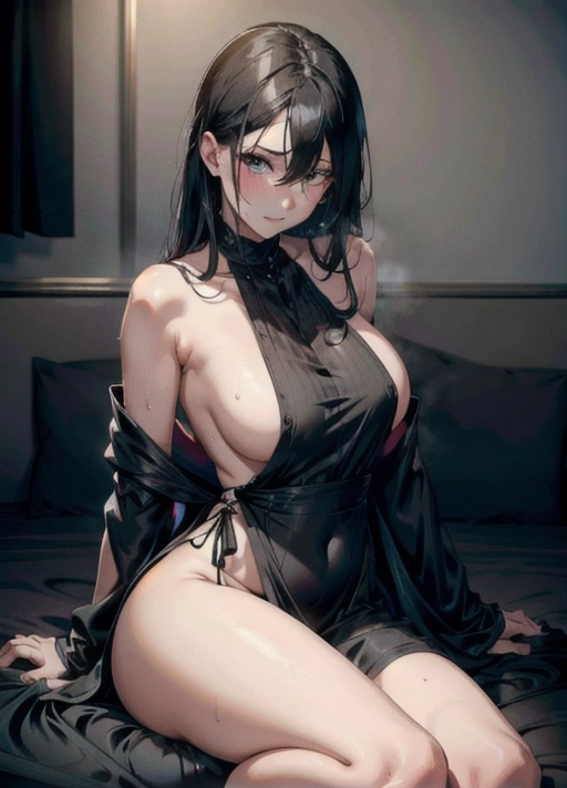 establishing shot, (((loose black long dress))), slim curvy, eurasian woman, (hyper-realistic face:1.3), 32k uhd --ar 9:16 --stylize 750 --v 6, realistic,((((solo)))), nudity, (((long straight black hair))), (small breasts:1), breasts focus, wet skin, lips, perfect-hard-nipples, solo_focus, eye-contact, lifted black long dress, uncensored, ((torn black long dress)),
background hotel bedroom, sweaty, (((exhausted))),uncensored,
<lora:dpmg_add_detail:0.5>, (best quality),
beautiful, (((masterpiece))),(high resolution), (uhd), (8k),
sensual shy smile, ahegao,
in bed, <lora:dpmg_imminent_fuck:.8>