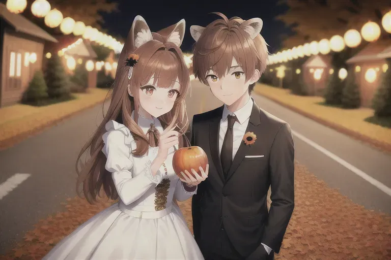 highly detailed, best quality, absurd res, cute anime girl and anime boy, she is dressed like a maid trick-o-treat, he is dressed in a suit, cute couple, boy is cute, girl has auburn brown hair, boy has brown hair, girl is cute, fall colors, caramel apples, sweets, street lights, fairy lights, fall leaves in the background, harvest moon, detailed background, detailed beautiful eyes, braid in hair, dress up darling, cute wholesome, shy, fluffy racoon ears, fluffy racoon tail, friend on the right, multiple people, world lighting, party, proper human proportions, cute faces, high contrast, photo quality