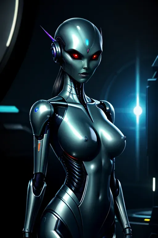 Sci fi, alien, robot, girl, human like, seductive pose, nipples