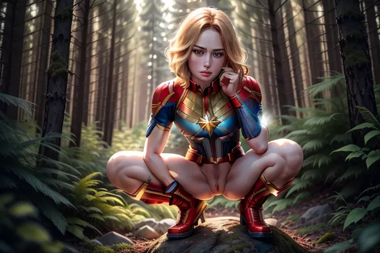 a 8k high detail photo shot of, captain marvel,naked,squatting in the forest , ,small breasts,five slender fingers,silky hair,charming face,beautiful lips,blue eyes,curved eyebrows,curved eyelid,pale skin,satisfaction,tattoo,ultra realistic,smooth,8k,studio lighting,surreal