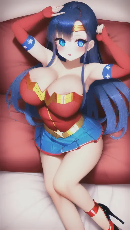 lovely gorgeous woman with big round blue eyes and perfect body dressed in wonder woman costume with red and gold and blue skirt with open arms to hug, loving and pure, she is laying in a comfy bed with soft pink lighting and a comforting mood, detailed cute eyes, flowing black hair, stiletto high heels and blue mini skirt