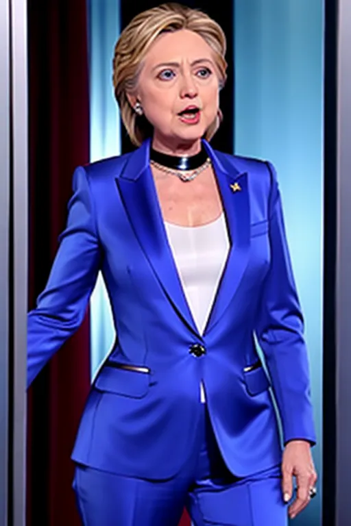 hillery clinton wearing a wearing a shiny pantsuit bound and gagged