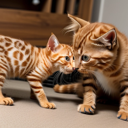 2 kittens, orange tabby kitten playfully wrestling with his sister tortoise-shell kitten