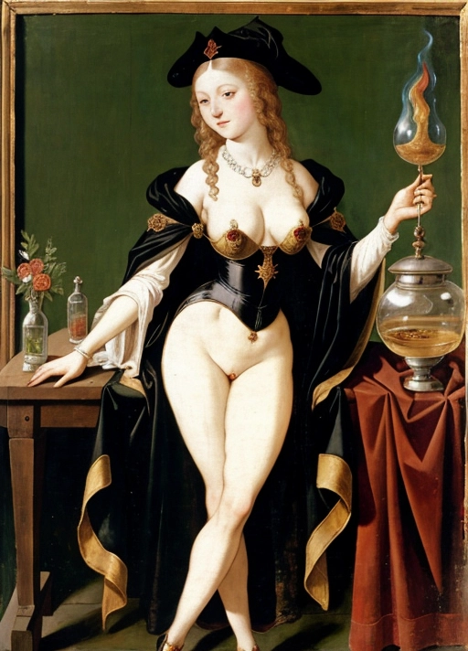 Liebeszauber is a late 15th century painting which portrays a young naked witch casting a love spell, fashionable pointy-toed flat-heeled slippers, in her laboratory filled with alchemical apparatus, auspicious augeries, medieval german middle ages pre-renaissance, not only will she woo her love but she will utterly dominate him