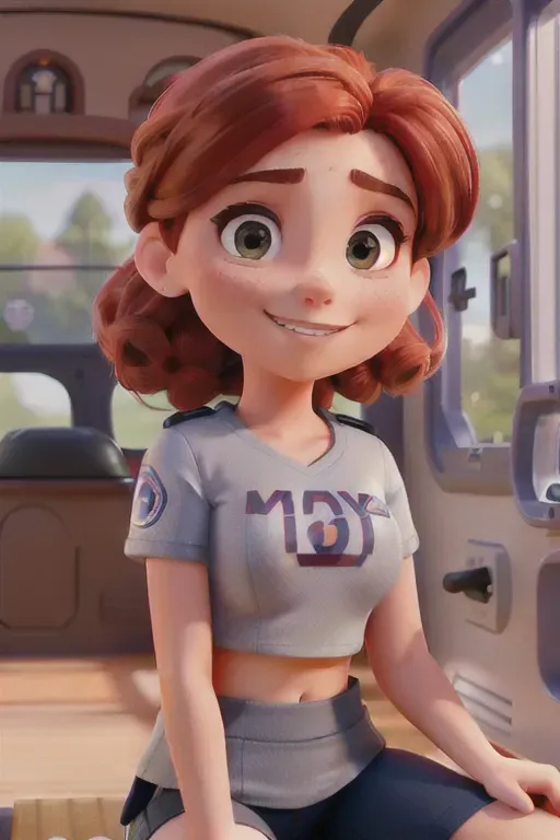 photo,gorgeous redhead , soccer coach , sitting on an activity bus , ((cropped t-shirt))((showing under breasts)), updo hairstyle,coy smile,charming face,beautiful lips, (sexually aroused),curved eyebrows,cosy,8k,arched back, small breasts , sexually excited, symmetrical eyes,((( micro miniskirt)))(((reveals pubic mound))), showing pussy