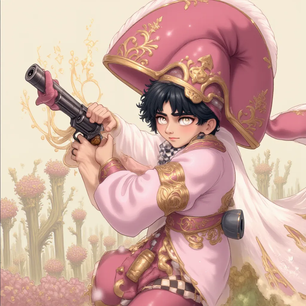, solo, star boy, male gunslinger , spaceman cowboy, star shaped eyes, caucasian skin tone, starry eyes, glowing bright stars in his eyes, space eyes cosmos, holding detailed laser revolver ,wearing pink elegant wizard blaster clothing, apprentice wizard gunslinger , starlord, marvel, spike, cowboy bebop, black lagoon, revy, jojos mista gunslinger, young bounty hunter, bandoleer equipped, black hair , black colored short length curly hairstyle , star emblem , half alien, big wizard hat, blade runner , battle mage, agent of stars, , potions on belt , herbalist, mage, 1 male only, wizard jacket on, discovering the mystery of magic, , black short disney prince handsome curly hair, , fully clothed , half shadow, half light, posh, , well groomed, , wizard jacket, bardic loops rings ears , solo , black and white checkered scarf around neck, humanoid, cute look in eyes, masterpiece , final fantasy art style ,cute look in eyes, masterpiece , background in desert wasteland, anime art style,