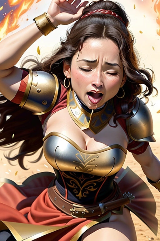 belle-laide young Minnie Driver as a warrior princess, ((accurate face)), dark hair, ((leotard armour)), holding a sword, 16th century battleground,they are being overcome by an ((uncontrollable sneezing fit)) ((sexual sneezing)) with her nostrils flaring, ((her eyes closed)) and ((her mouth wide open)).