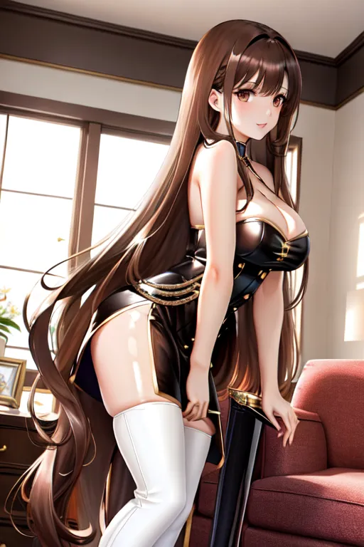 long hair, brown hair, brown eyes, miniskirt, giant breasts, looking at viewer, in living room, high heels, pale skin, thigh high boots, cleavage window