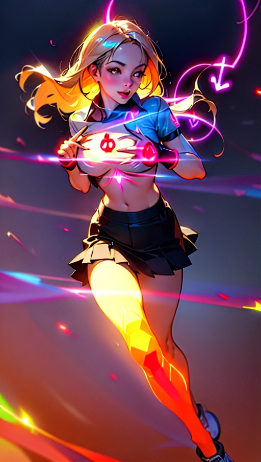 A digital photograph of, professional photograph, 1 hot woman (20) (running in a street) (wearing a long shirt and a skirt) is (((opening her shirt apart:1.4)) with her both hands) and revealing her breast, (((a red (((chest symbol:1.3))) is (((glowing:1.4))) with blinging light))), light patterns are surrounding her while she is becoming a superheroin, her long hair is flowing in the wind, beautiful face, beautiful red eyes, beautiful lips, highly detailed, perfect perky breast, hard nipples, (((glowing areola))), shirt buttons are flying in the air, (cinematic lighting), cinematic composition, photon mapping, 32k, vivid colours, bokeh, (highest quality:1.8), highest resolution, (photorealist:1.72), (photorealism:1.72), (masterpiece:1.18), --s 750 --v 5.2