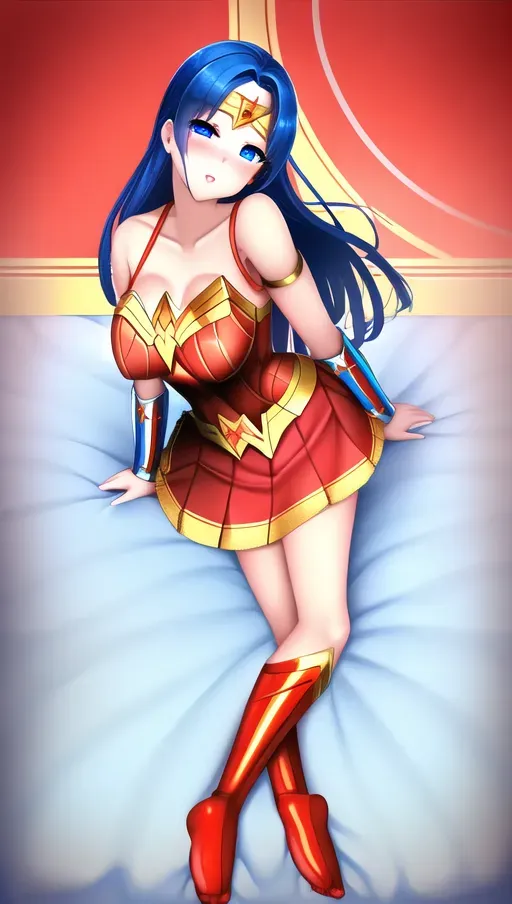 Wonder Woman in red and gold wonder woman costume with blue skirt with loving soft smile and blue mini skirt. huge round blue eyes, Love hotel background, soft bed. Soft chest, soft lips, kissing lips, exposed shoulders, comforting, soft round boobs