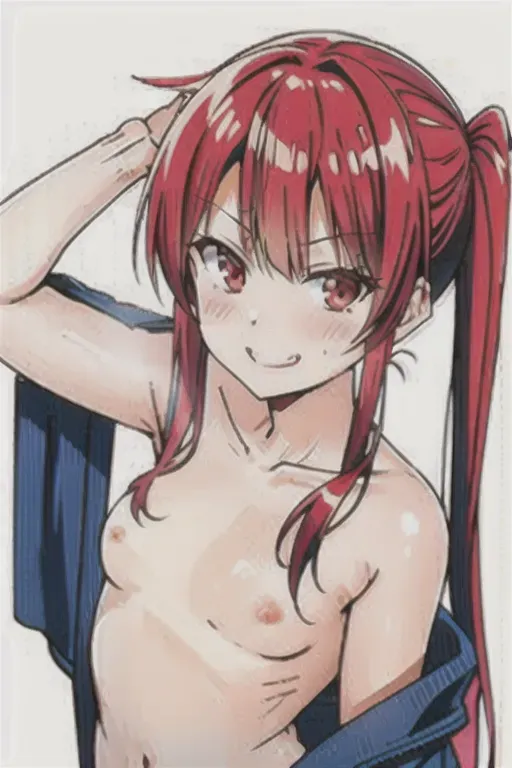 red hair, twintails, small breasts, naked towel, naughty face, presenting, open towel, smirk,