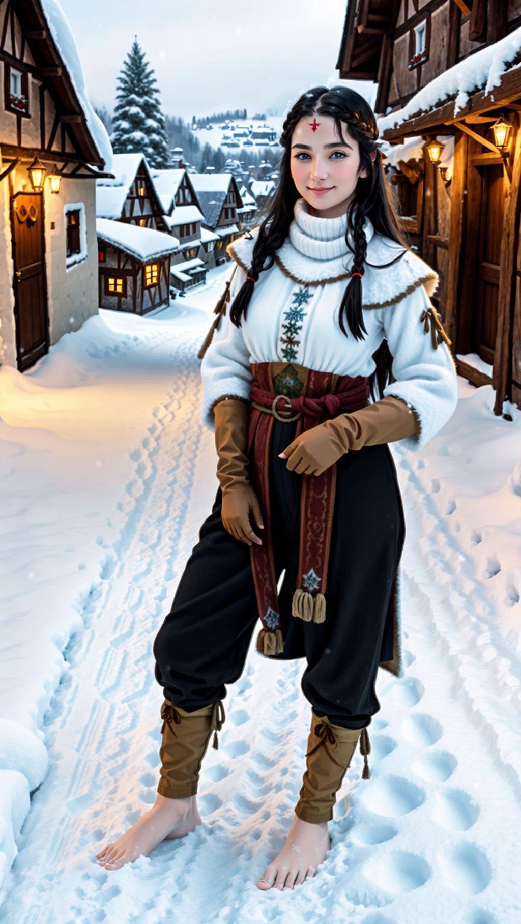 full-body image of a fit tan thin beautiful barefoot German adventurer woman with long hair wearing medieval adventurer attire while exploring a snowy village, (beautiful petite feminine feet: 1.2), (barefoot: 1.3), (wearing warm black medieval adventurer attire: 1.2), (long dark hair: 1.2), (German woman: 1.3), (bustling snowy village: 1.4), (icy toes: 1.2), (gloves: 1.3), (magic markings on feet: 1.3), (smug smirk: 1.2), (adventurer pants: 1.2),